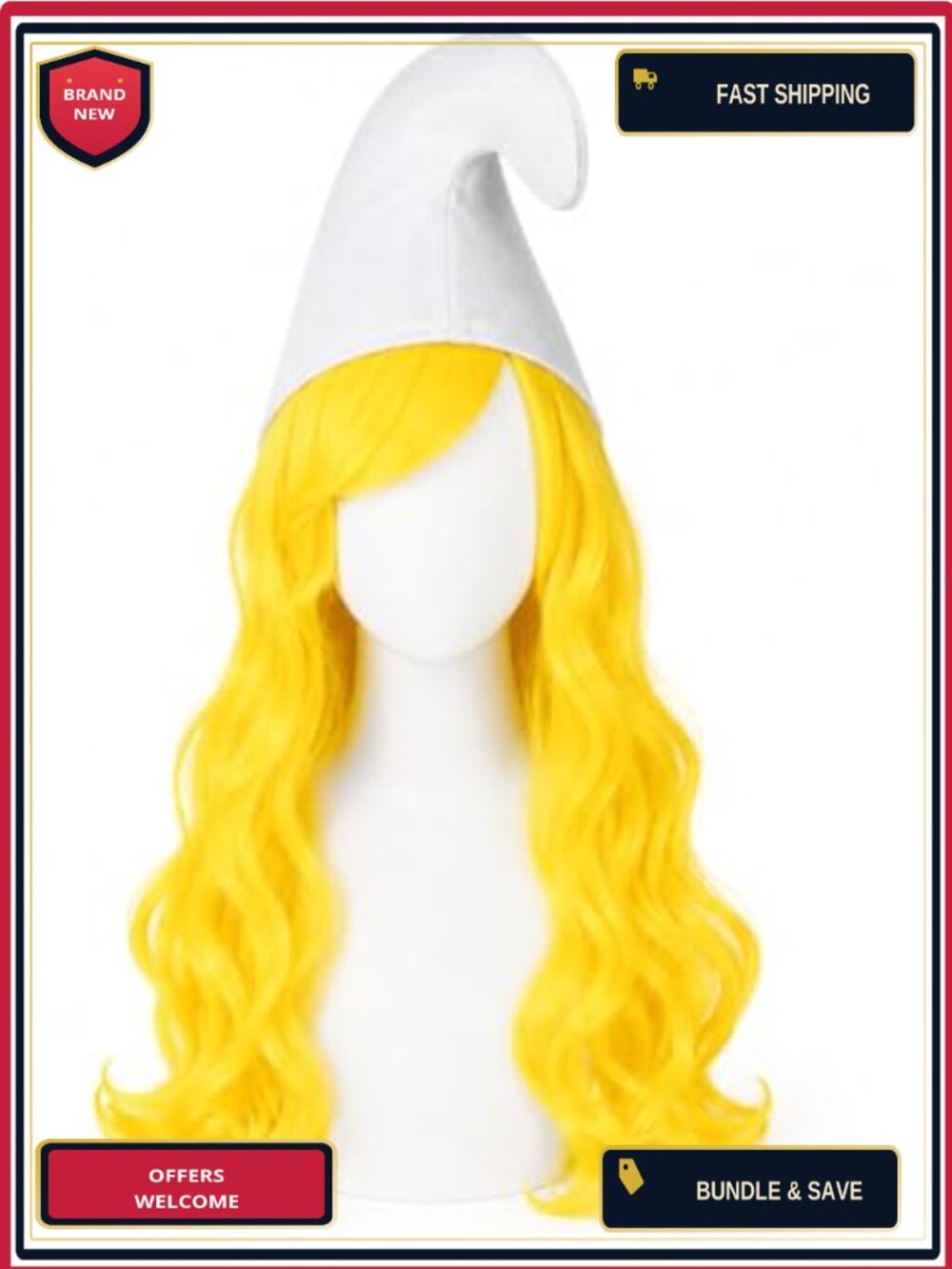 Long Wavy Curly Anime Cosplay Wig with Bangs and Gnome Hat